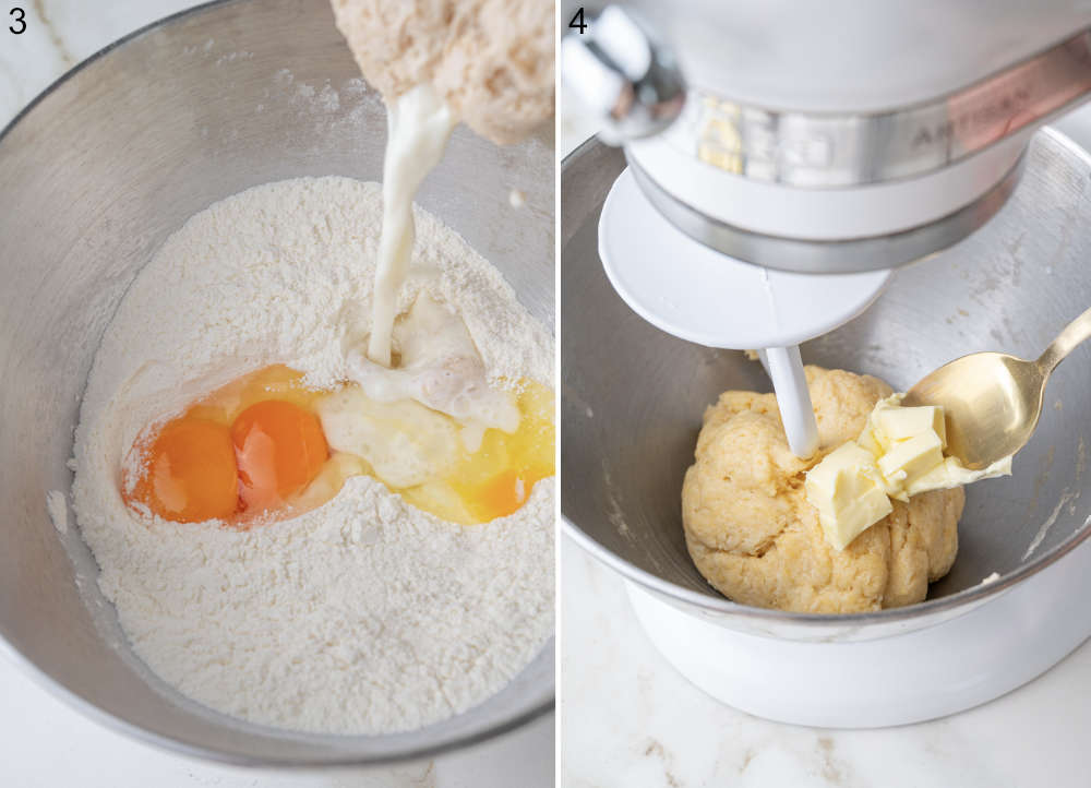 Yeast and milk are being added to a bowl with eggs and flour. Butter is being added to a dough.