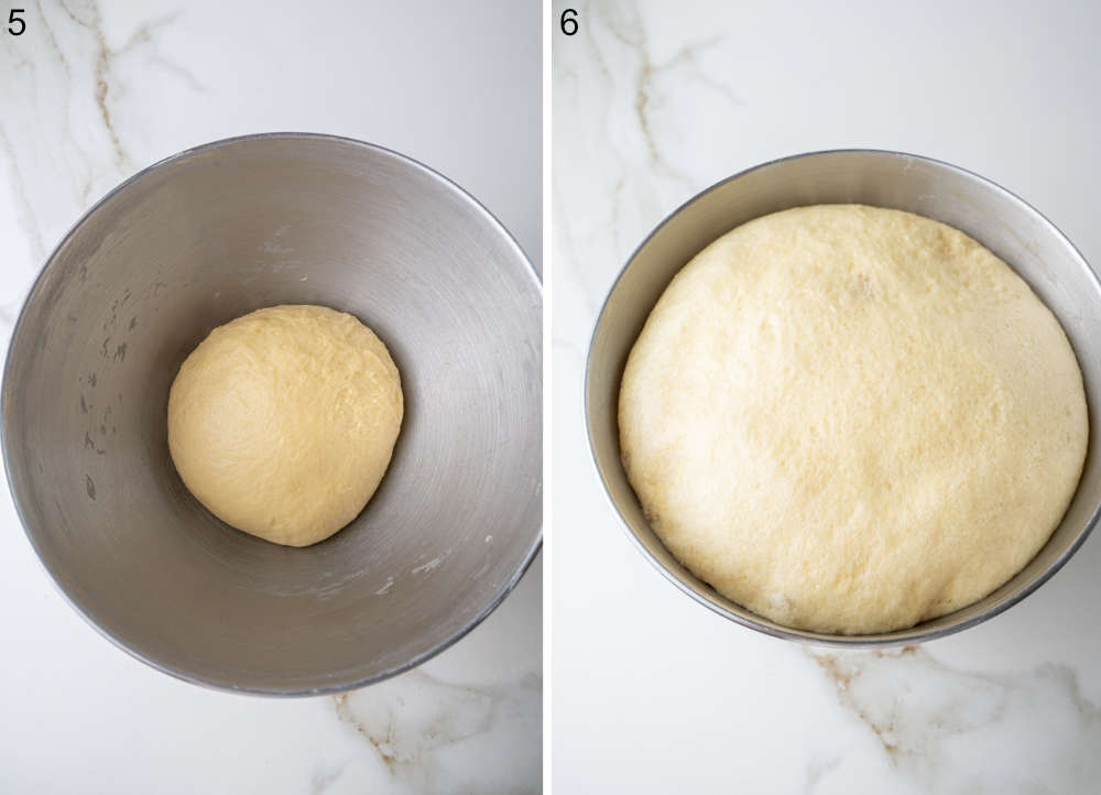 A metal bowl with yeast dough inside. Proofed yeast dough in a bowl.