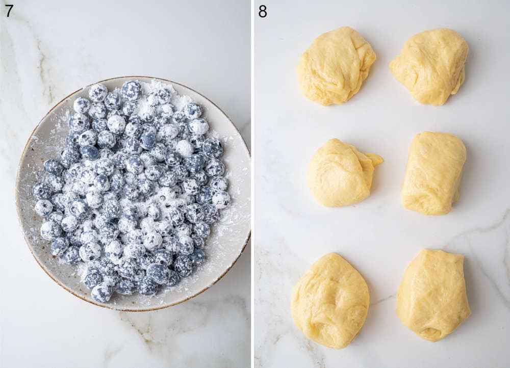 Blueberries with sugar and corn starch in a bowl. Yeast dough divided into 6 parts.