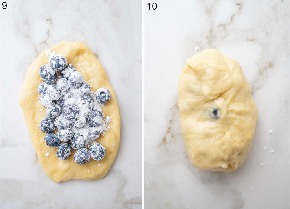 A flattened piece of yeast dough with blueberries on top. Blueberries wrapped with yeast dough.