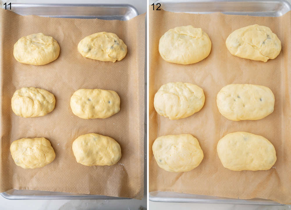 Two baking sheets with buns ready to be baked.