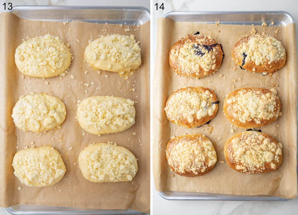 Proofed buns topped with crumble ready to be baked. Baked jagodzianki on a baking sheet.