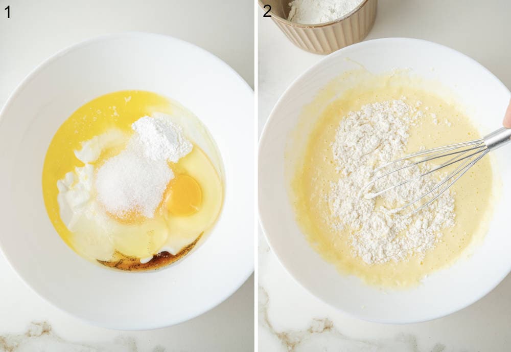 Ingredients for the pancake batter in a white bowl.