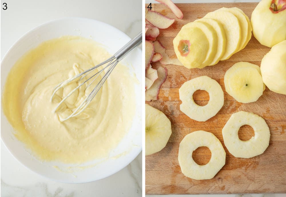 Pancake batter in a bowl. Cored apples cut into slices on a wooden board.