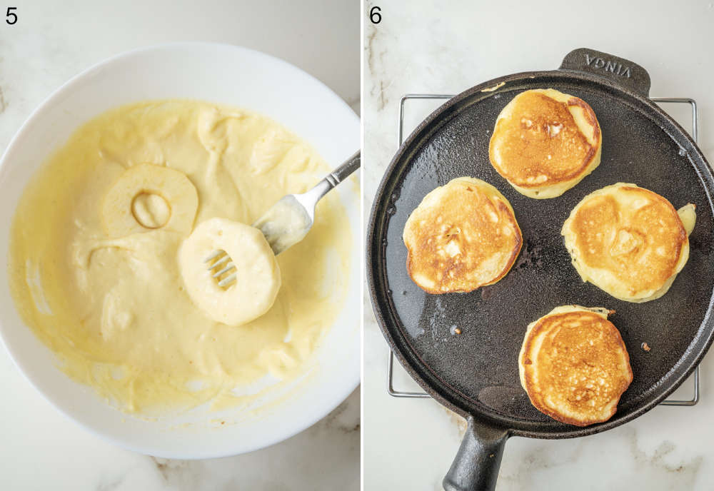 Apple rings are being dipped in pancake batter. Apple ring pancakes are being cooked in a pan.