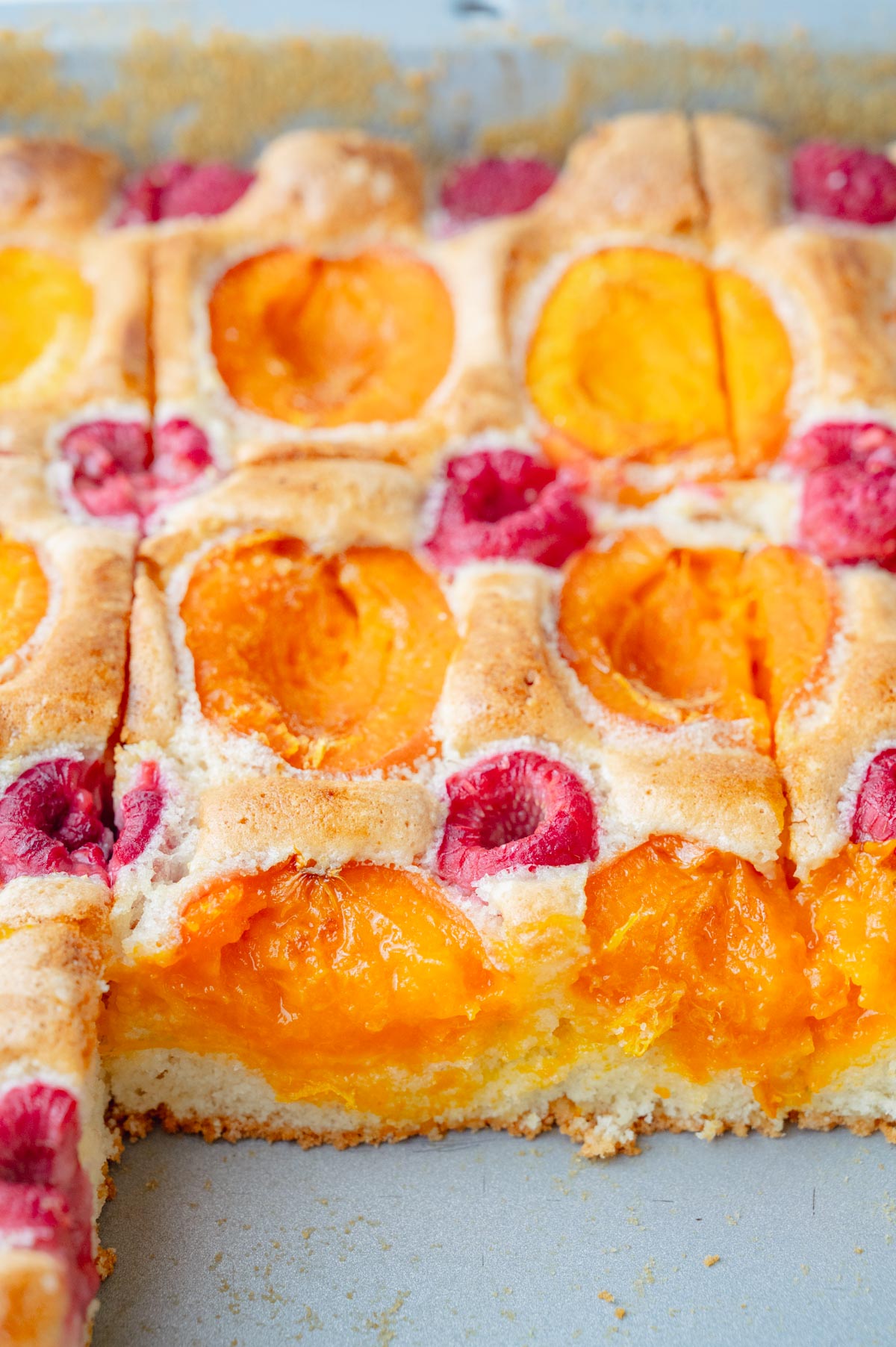 A close up photo of Apricot Raspberry Sponge Cake in a baking pan.