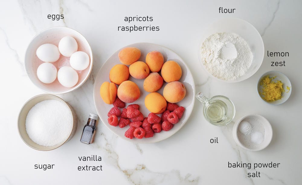 Labeled ingredients for Apricot Raspberry Sponge Cake.