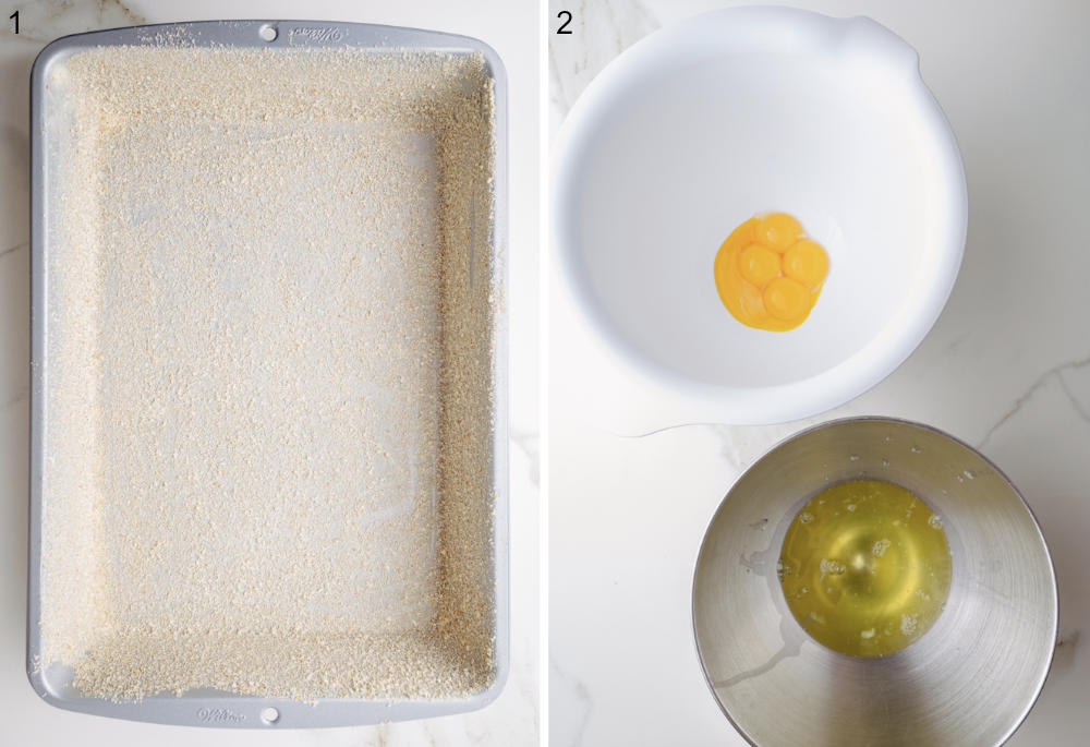 Baking pan coated in breadcrumbs. Two bowls with egg yolks and egg whites.