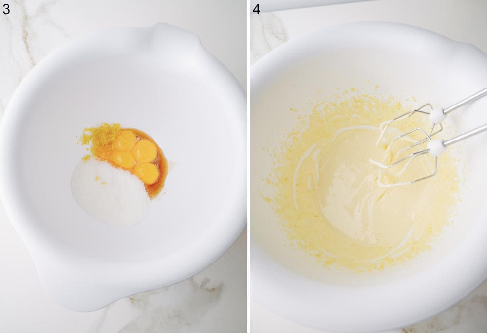 Egg yolks with sugar in a bowl. Whipped egg yolk sugar mixture in a white bowl.