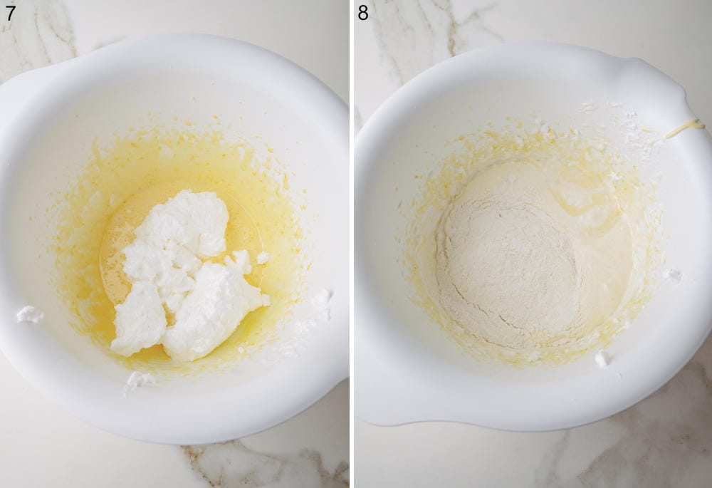 Batter with whipped egg whites in a bowl. Cake batter with flour added in a bowl.