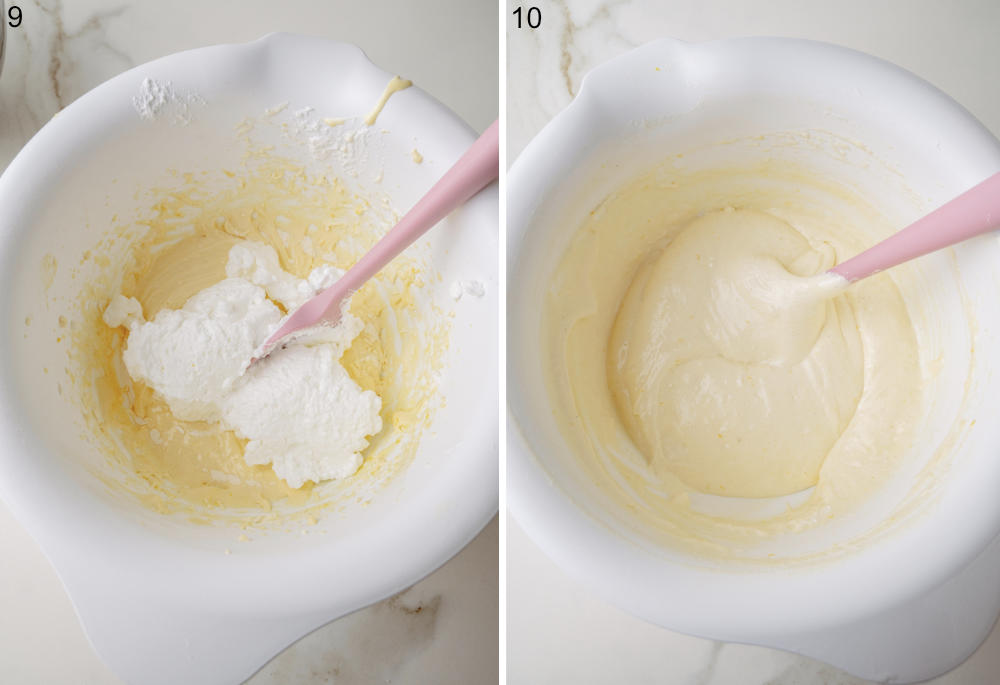 Whipped egg whites and batter in a white bowl. Sponge cake batter in a bowl.