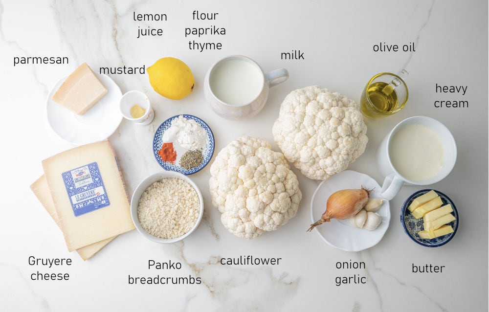 Labeled ingredients needed to prepare cauliflower gratin.