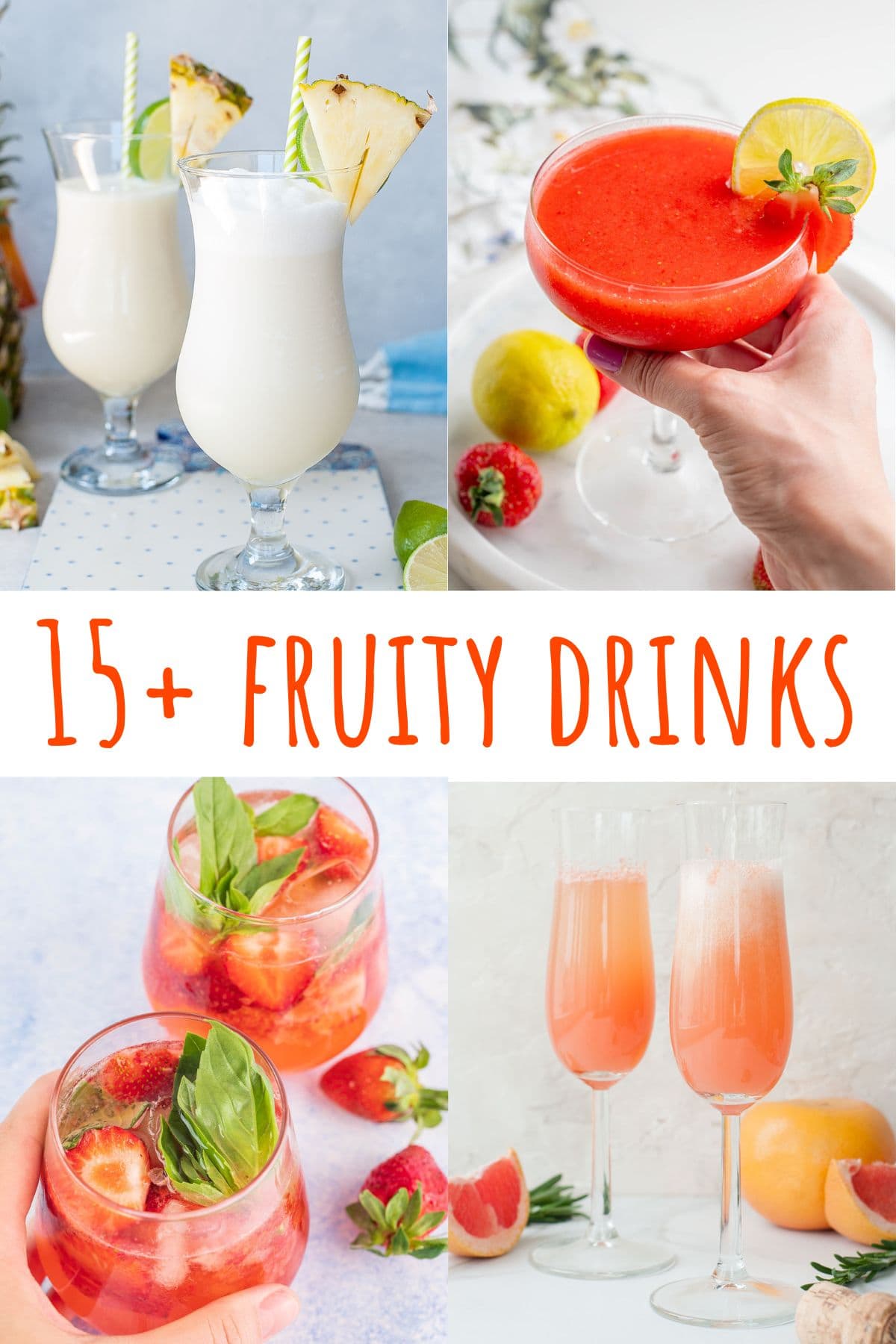 A collage of 4 photos showing different kinds of fruity drinks.