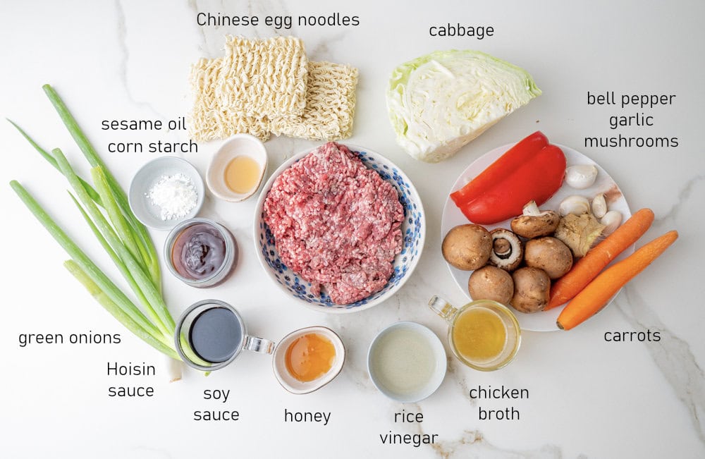 Labeled ingredients for ground beef noodles.