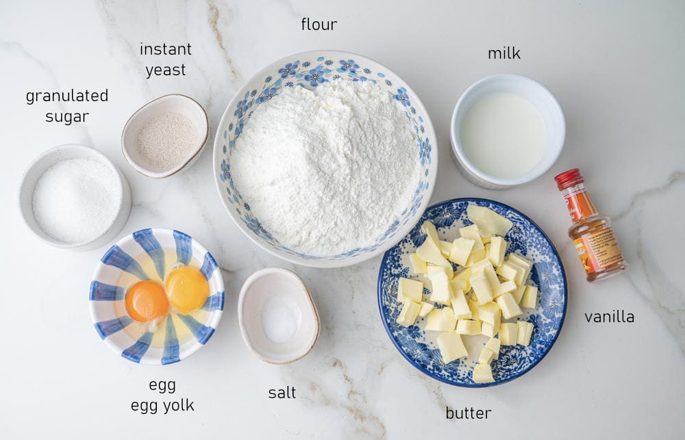 Labeled ingredients for yeast dough.