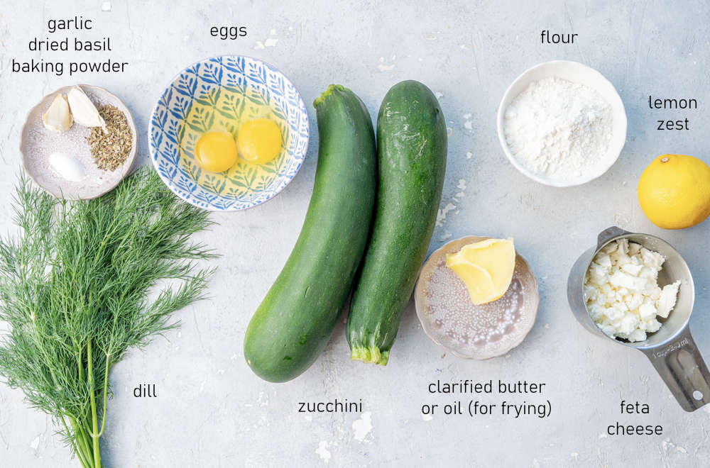 Labeled ingredients for zucchini fritters.