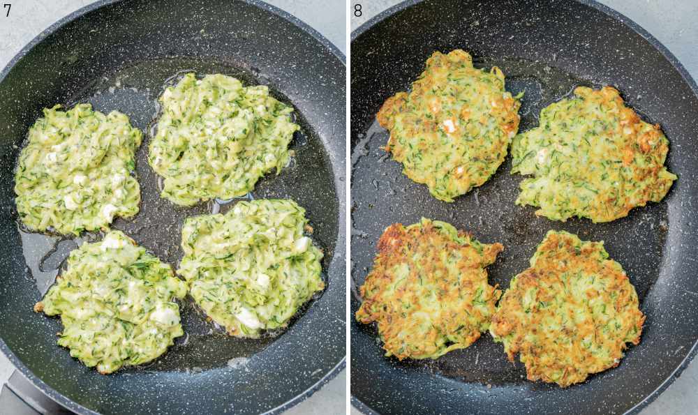 Zucchini fritters are being cooked in a black pan.