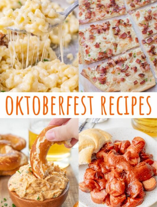 A collage of four photos showing different Oktoberfest dishes.