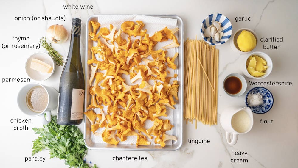 Labeled ingredients for creamy chanterelle pasta.