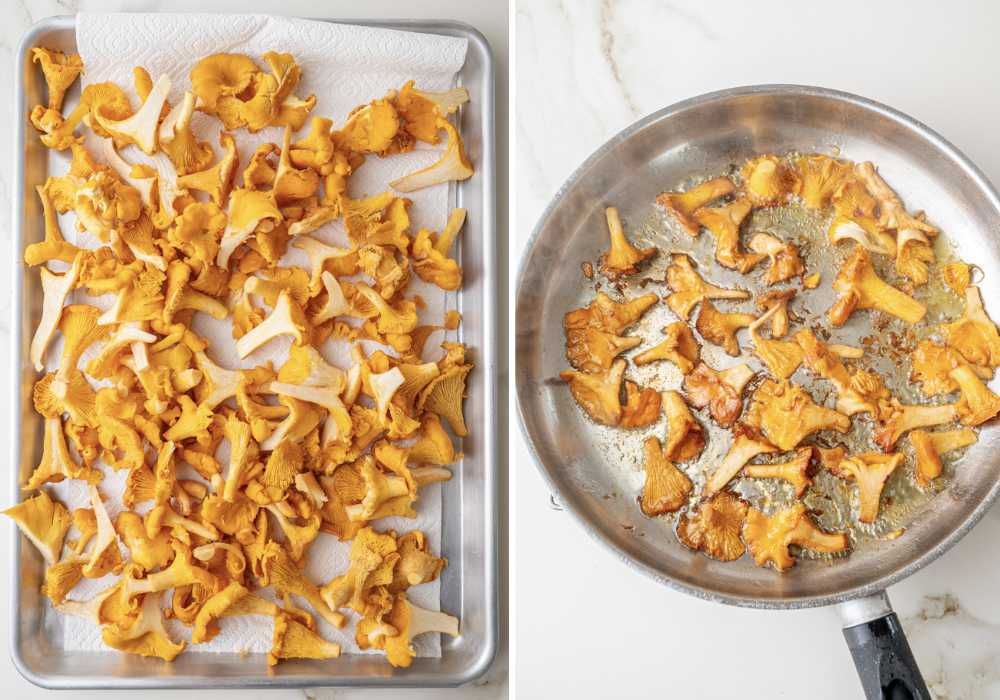 Cleaned chanterelles on a baking sheet. Pan-fried chanterelles in a frying pan.