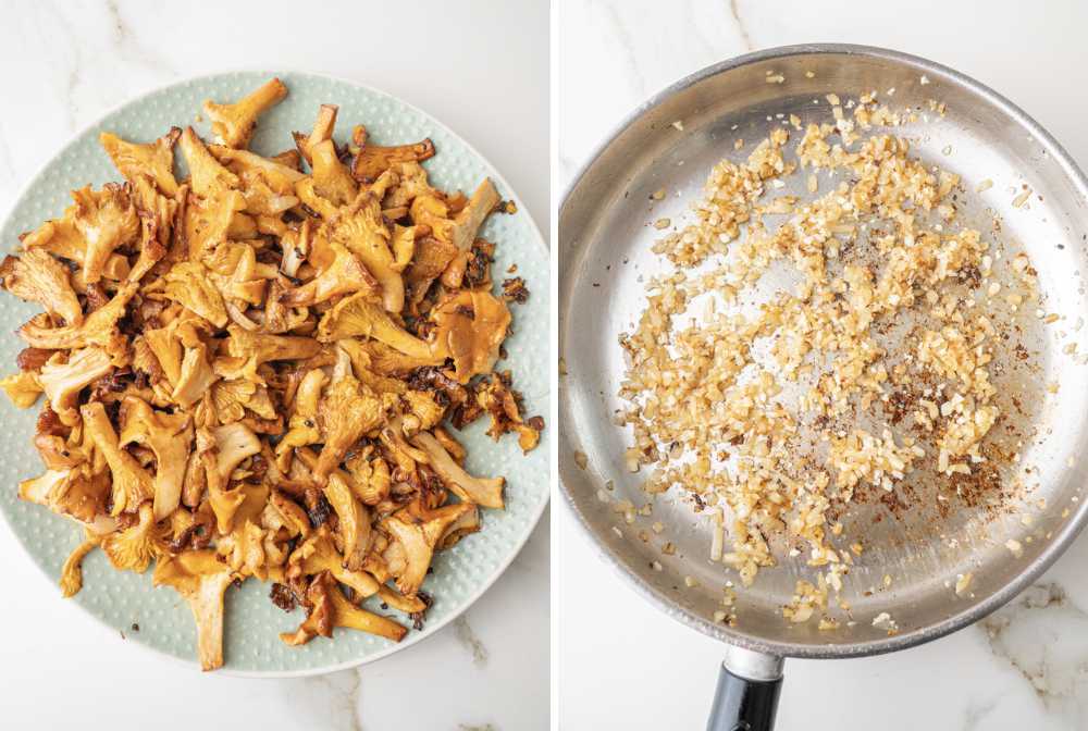 Pan-fried chanterelles on a green plate. Sauteed onion and garlic in a pan.