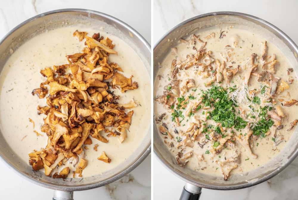 Creamy sauce with pan-fried chanterelles. Creamy mushroom sauce with parsley and parmesan in a pan.