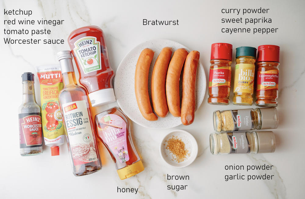 Labeled ingredients for currywurst.