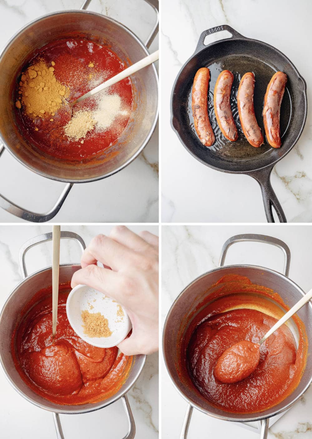 A collage of 4 photos showing how to prepare currywurst step-by-step.