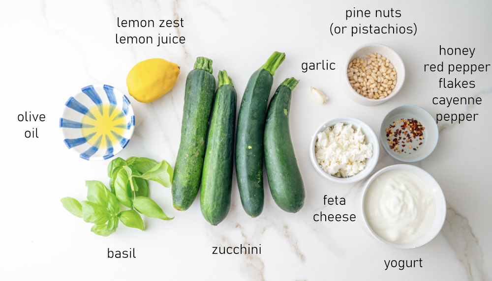 Labeled ingredients for grilled zucchini.