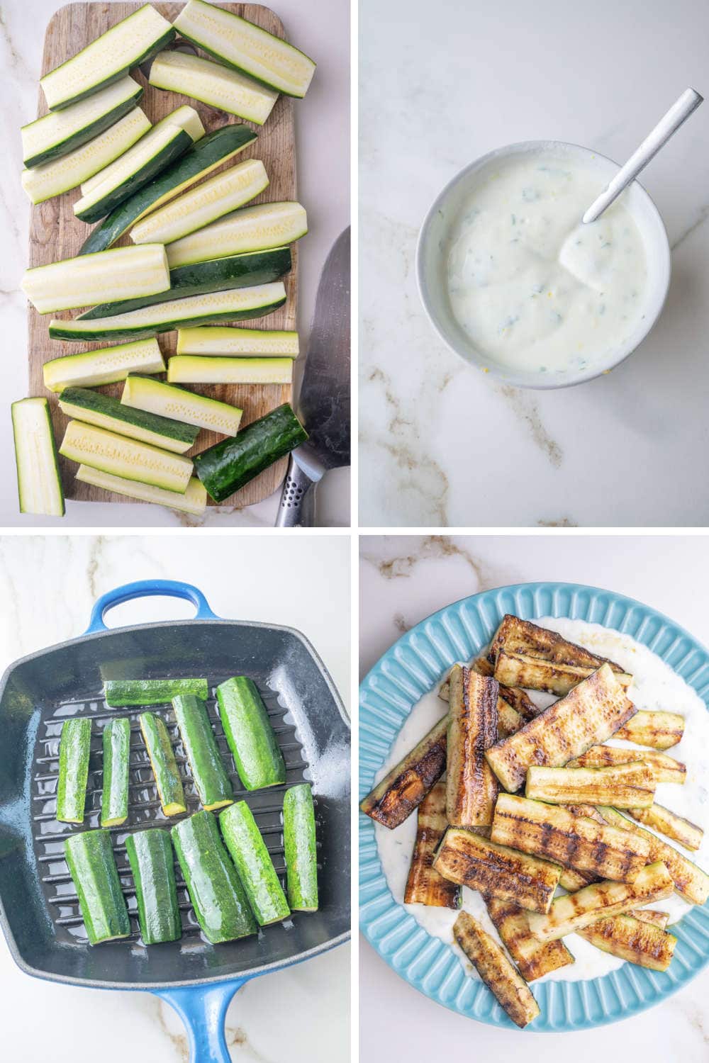 A collage of 4 photos showing how to prepare grilled zucchini with yogurt and toppings.