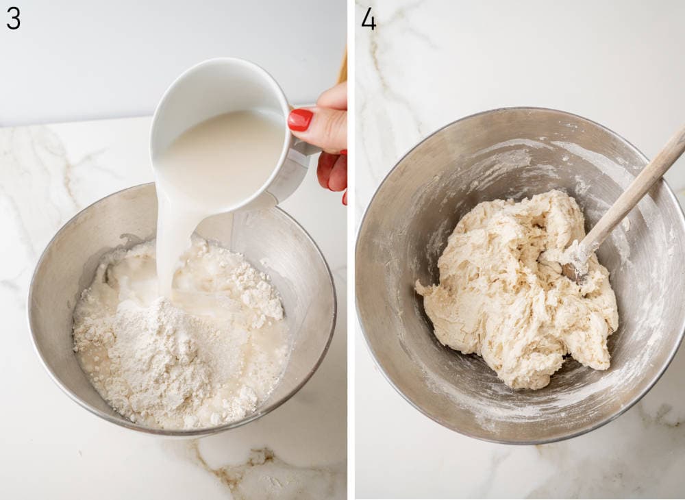 Yeast water mixture is being added to flour in a bowl. Roughly mixed dough in a bowl.