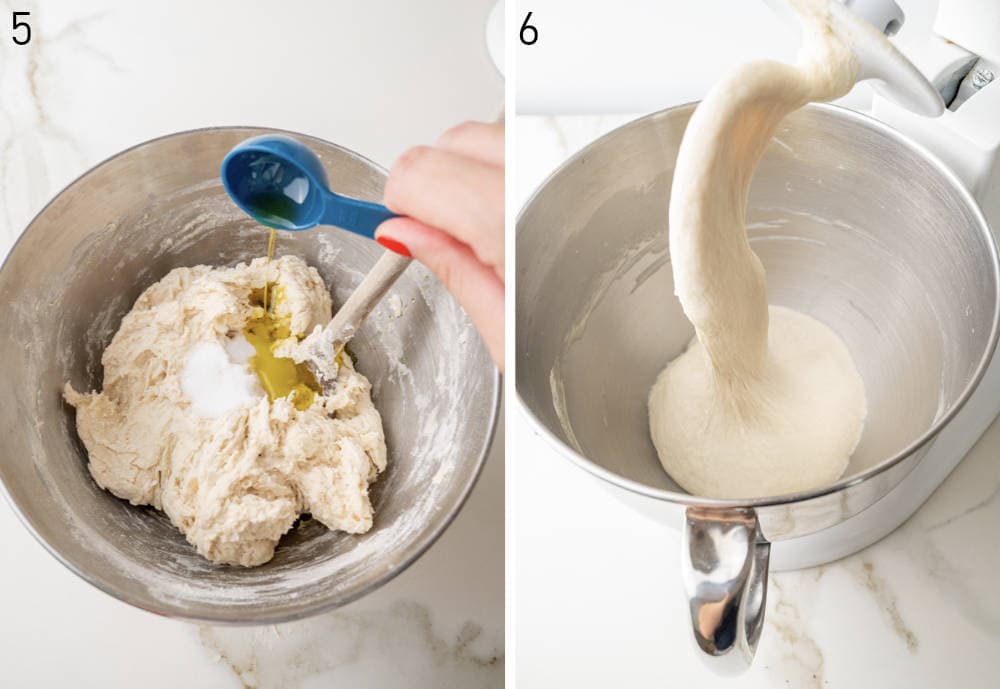 Olive oil is being added to a dough. Loose dough in a stand mixer bowl.