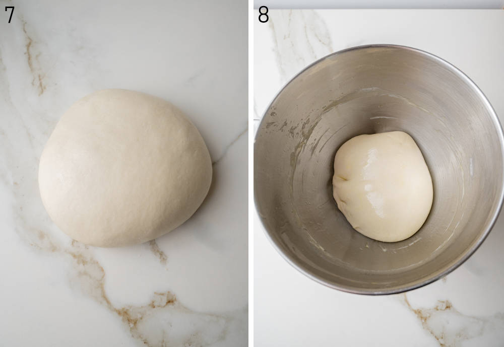 Pizza dough ball on the counter and in a metal bowl.