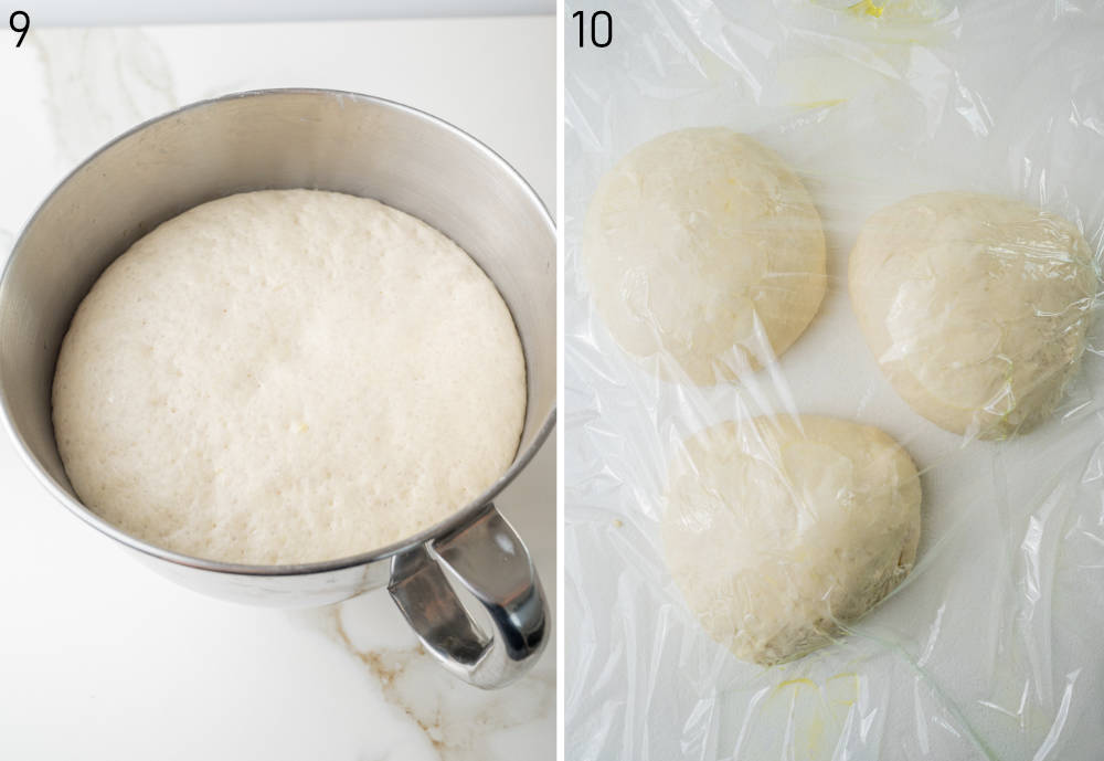 Risen pizza dough in a bowl. Three dough balls covered with plastic foil.