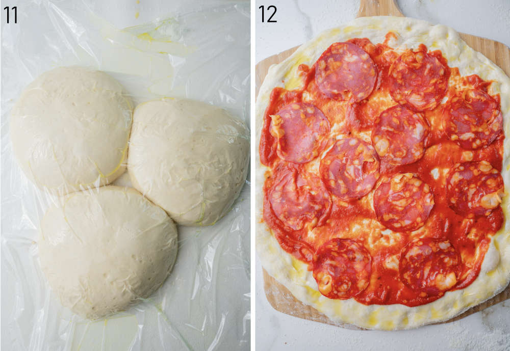 Proofed balls of pizza dough. Flattened pizza dough shaped into a circle topped with tomato sauce and chorizo ham.