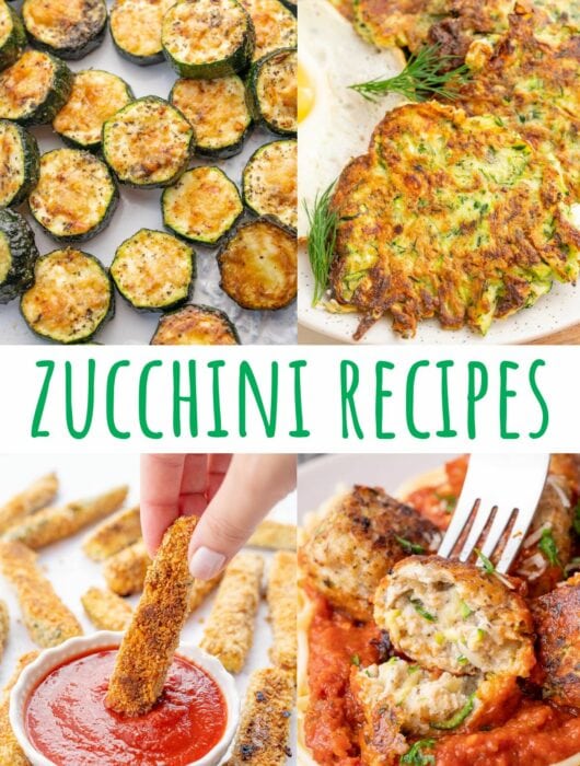 A collage of 4 photos showing different zucchini dishes.