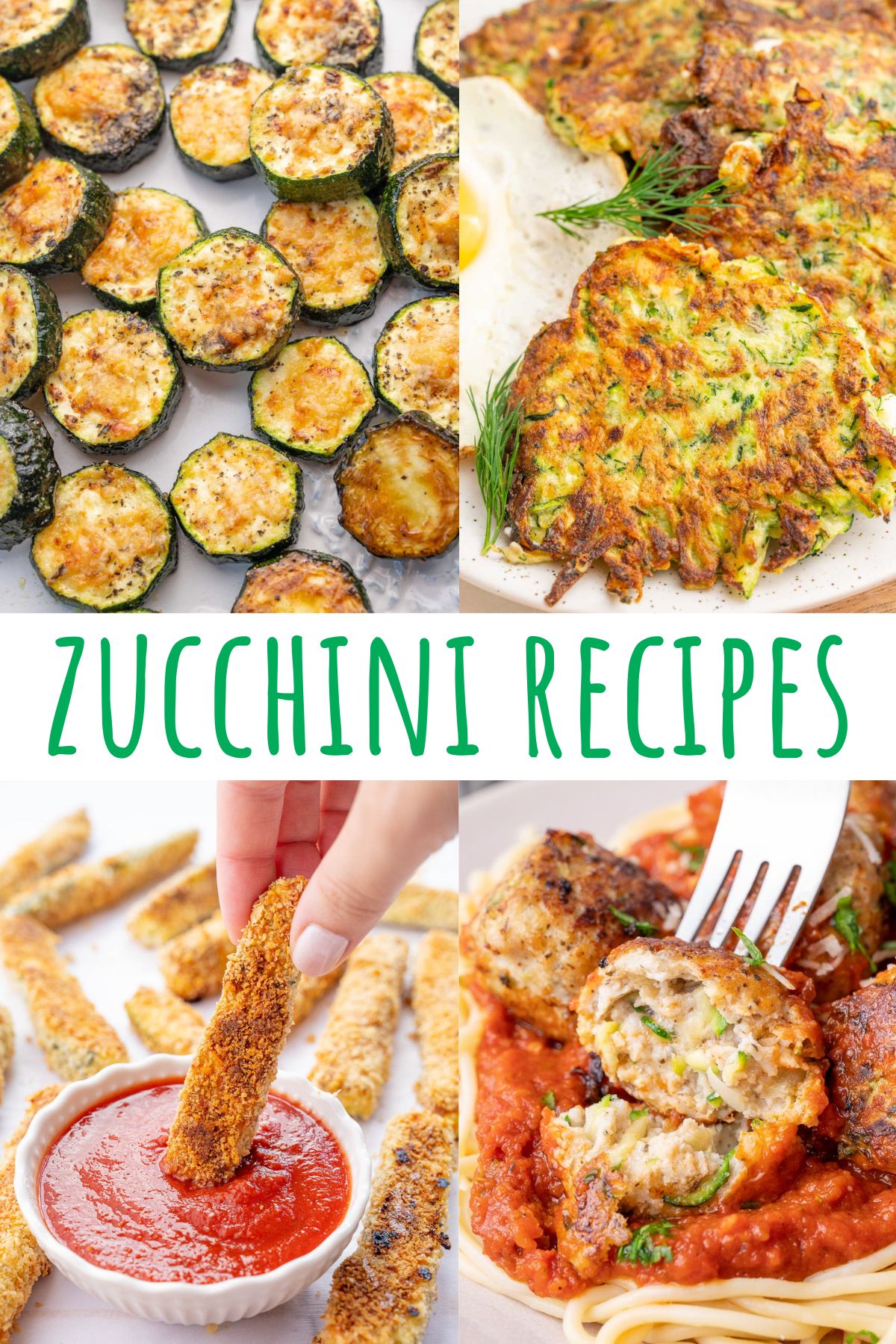 A collage of 4 photos showing different zucchini dishes.