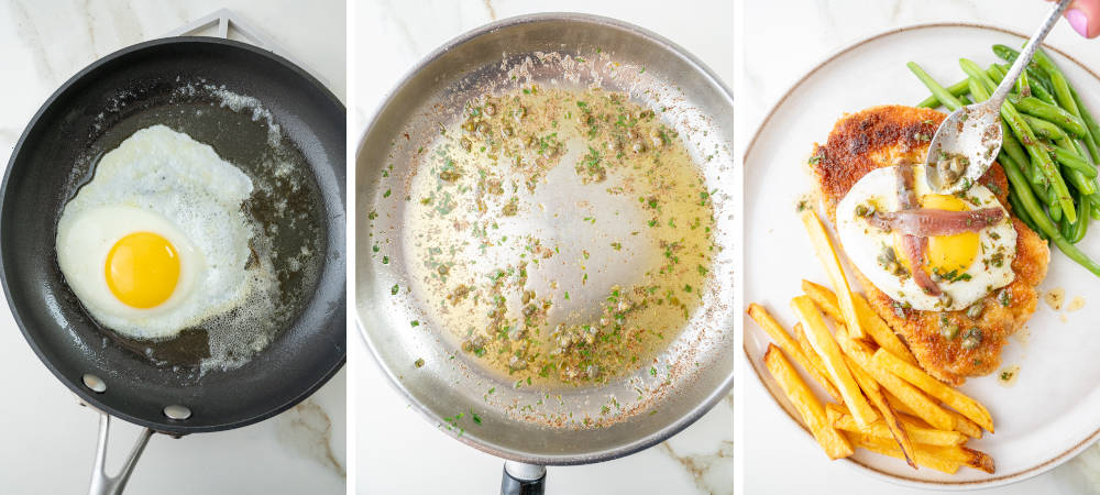 A collage of 3 photos showning how to prepare toppings for Schnitzel Holstein.