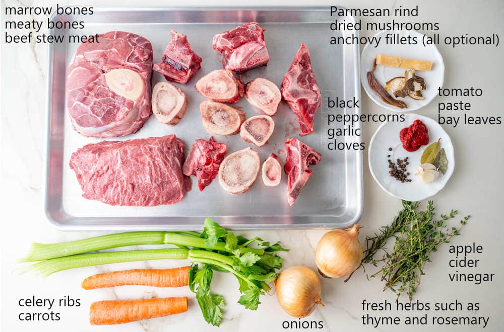 Labeled ingredients needed to prepare beef stock.