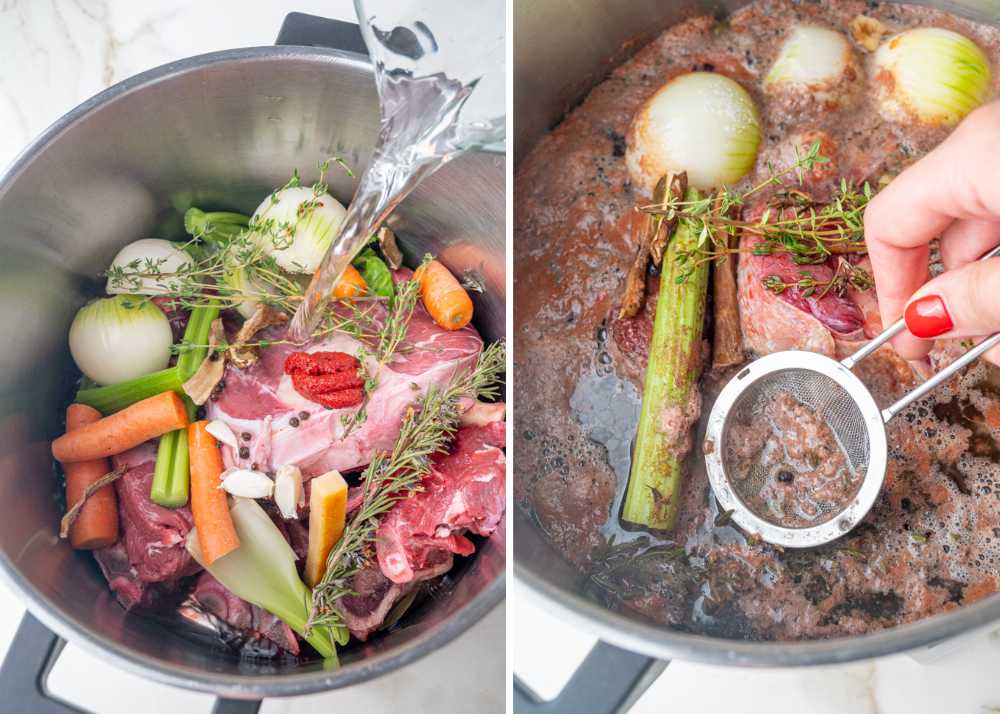 Water is being added to beef stock ingredients in a pot. Foam is being scooped out with a sieve from the surface of the stock.