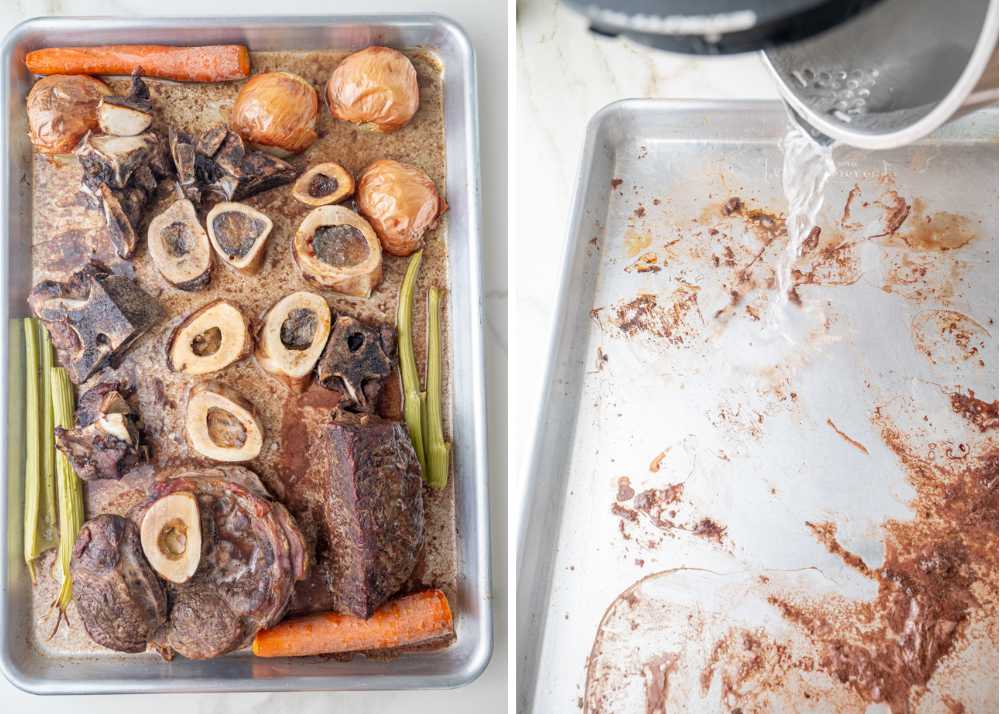 Roasted bones, meat, and vegetables on a baking sheet. Water is being poured onto a baking sheet.