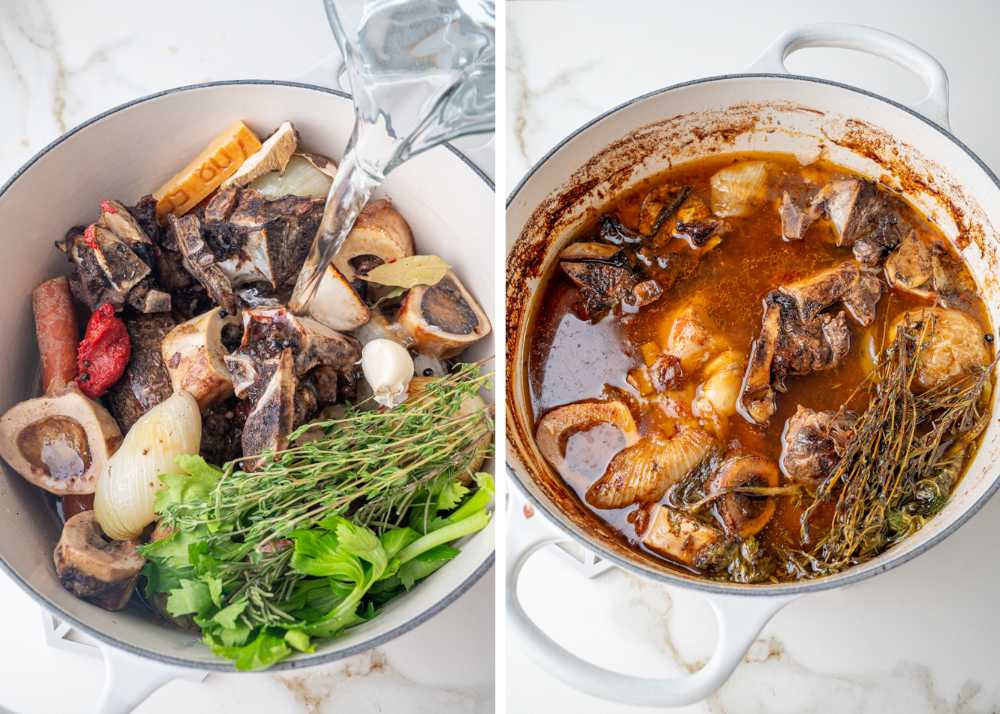 Water is being added to stock ingredients in a pot. Cooked beef stock in a Dutch oven.