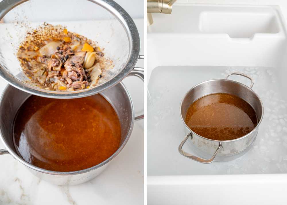 Beef stock in a pot is being strained. Strained stock in a pot is being cooled in sink filled with ice cubes.