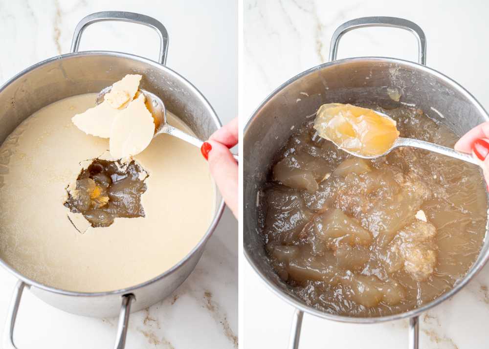 Fat is being scooped out from the surface of cooled beef stock. Jelly texture of beef stock shown on a spoon.