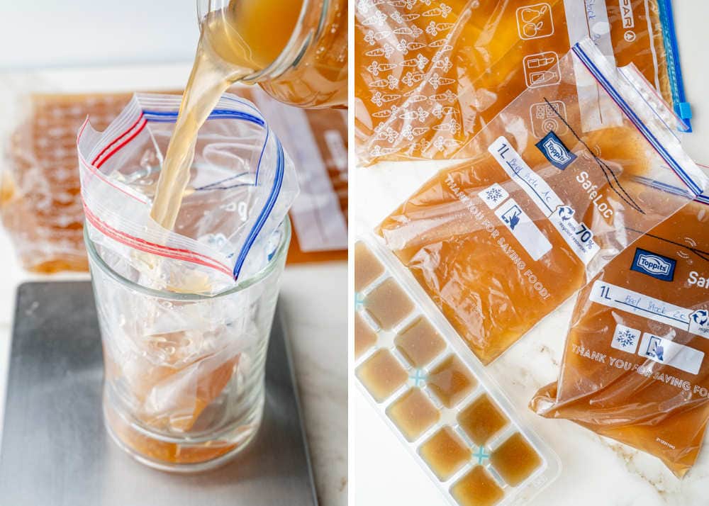 Beef stock is being poured into zip-lock bags. Beef stock in an ice cube tray and zip-lock bags.