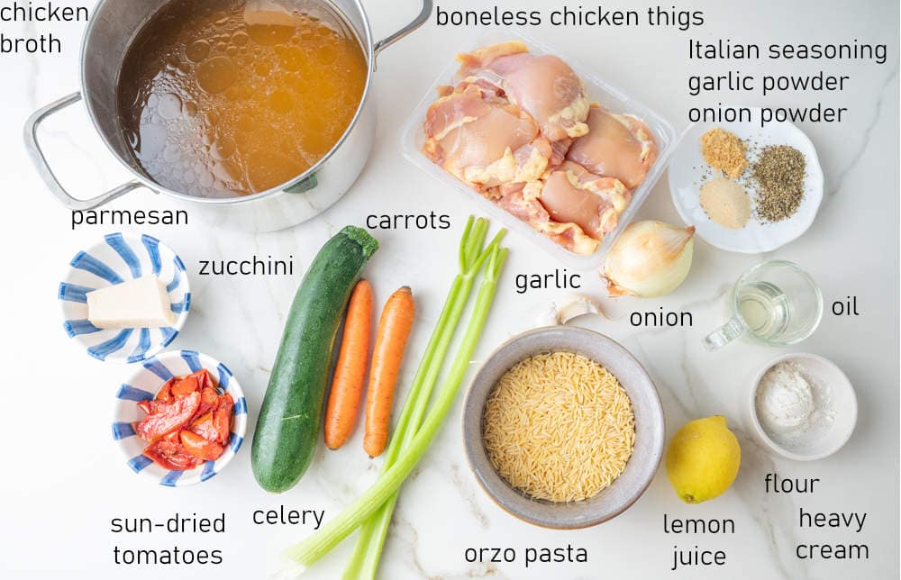 Labeled ingredients for lemon orzo chicken soup.