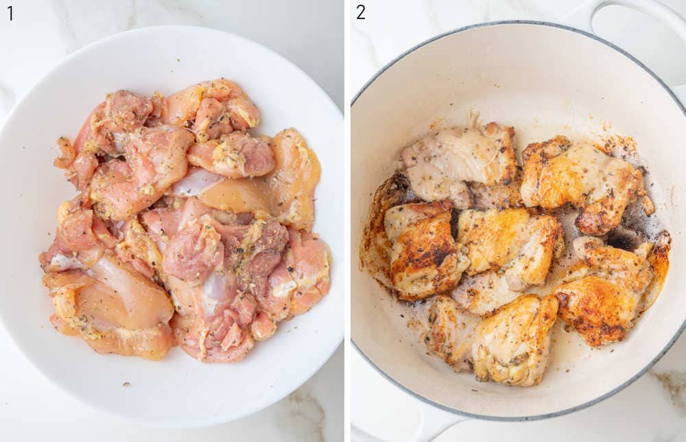 Raw chicken thighs in a bowl and pan-fried chicken thighs in a pot.