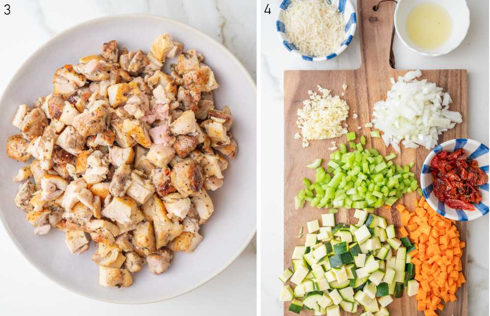 Chopped pan-fried chicken thighs on a plte. Chopped ingredients on a wooden board.