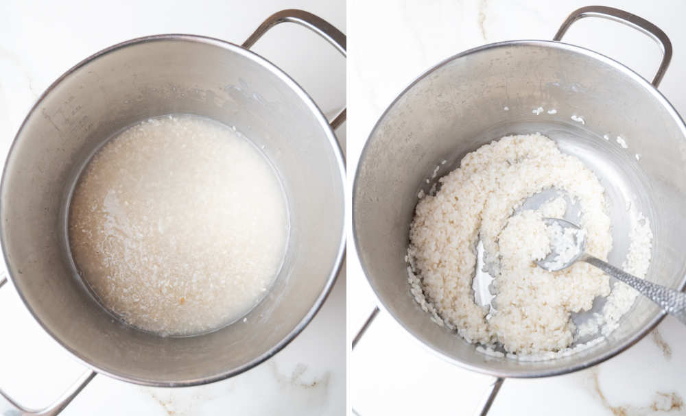 Rice and water in a pot.