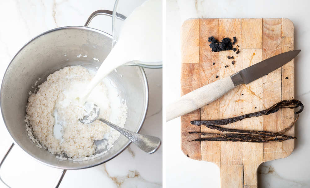 Milk is being added to rice in a pot. Vanilla beans scraped out of vanilla pods on a wooden board.